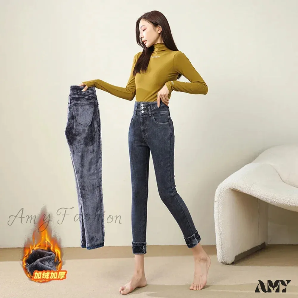Amy Fashion - Winter Warm Women High Waist Skinny Thick Velvet Casual Lady Denim Pencil Pants Plus Size Fleece Slim Fit Stretch Trousers Jean