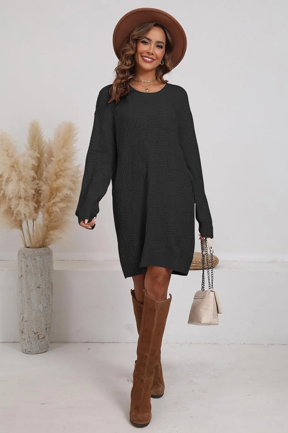 Cakulo Womens Checkered Sweater Dress Fall Oversized Long Pullover Chunky Sweaters Trendy Casual Knit Dresses 2025
