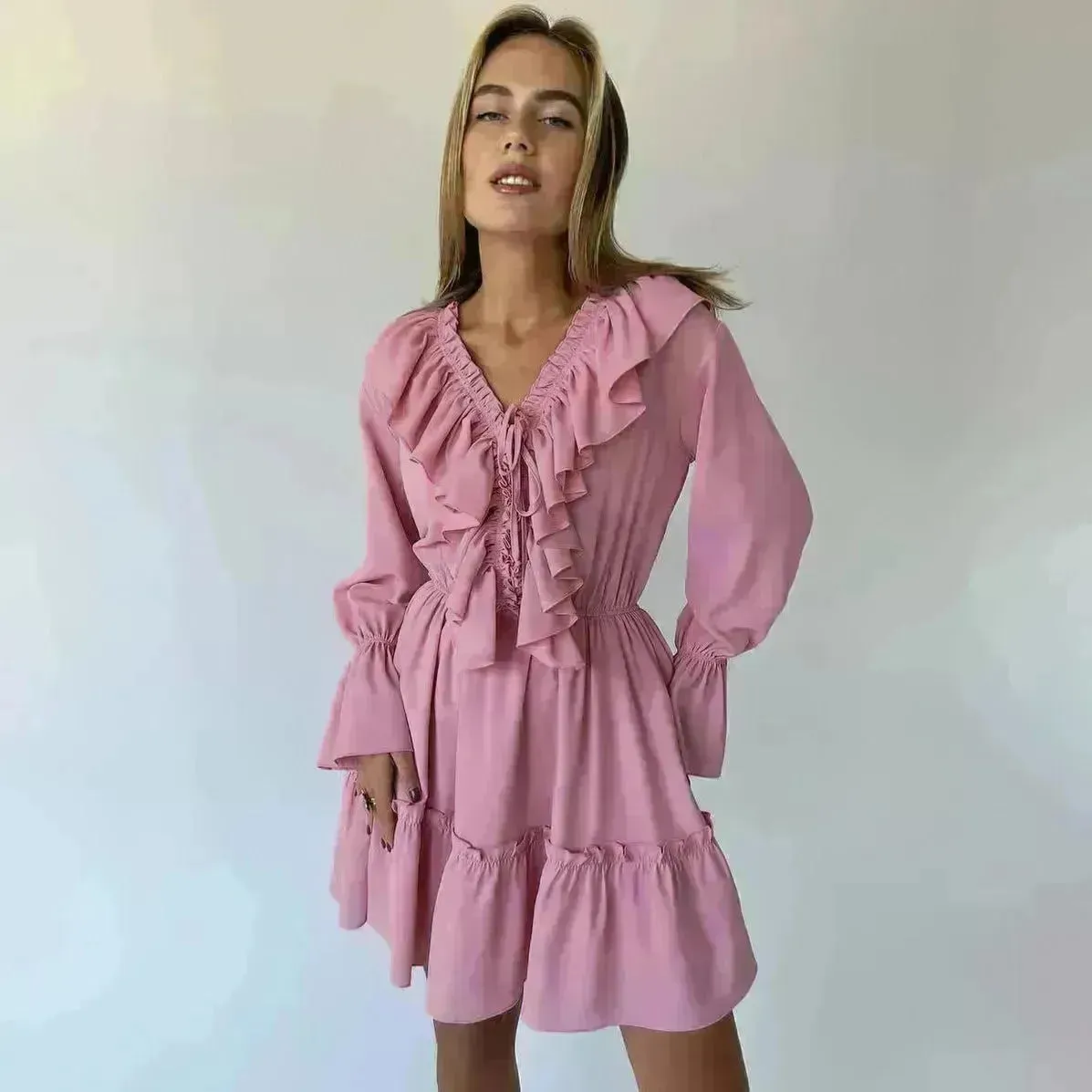 Casual Fashion V Neck Pleated Ruffle Long Sleeve Dress Y2K V Neck Flared Sleeve Short Mini Skater Dress Women's Clothing