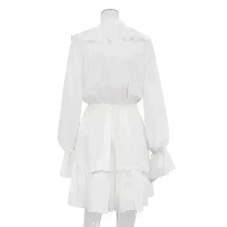 Casual Fashion V Neck Pleated Ruffle Long Sleeve Dress Y2K V Neck Flared Sleeve Short Mini Skater Dress Women's Clothing