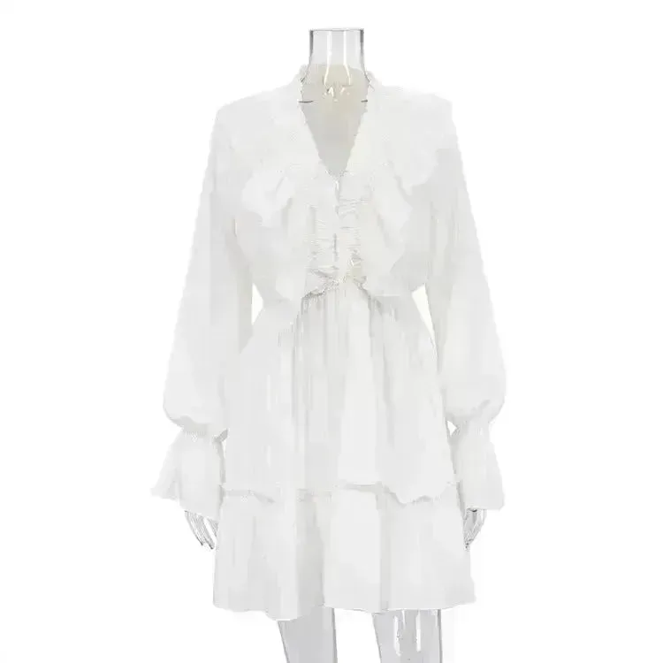 Casual Fashion V Neck Pleated Ruffle Long Sleeve Dress Y2K V Neck Flared Sleeve Short Mini Skater Dress Women's Clothing