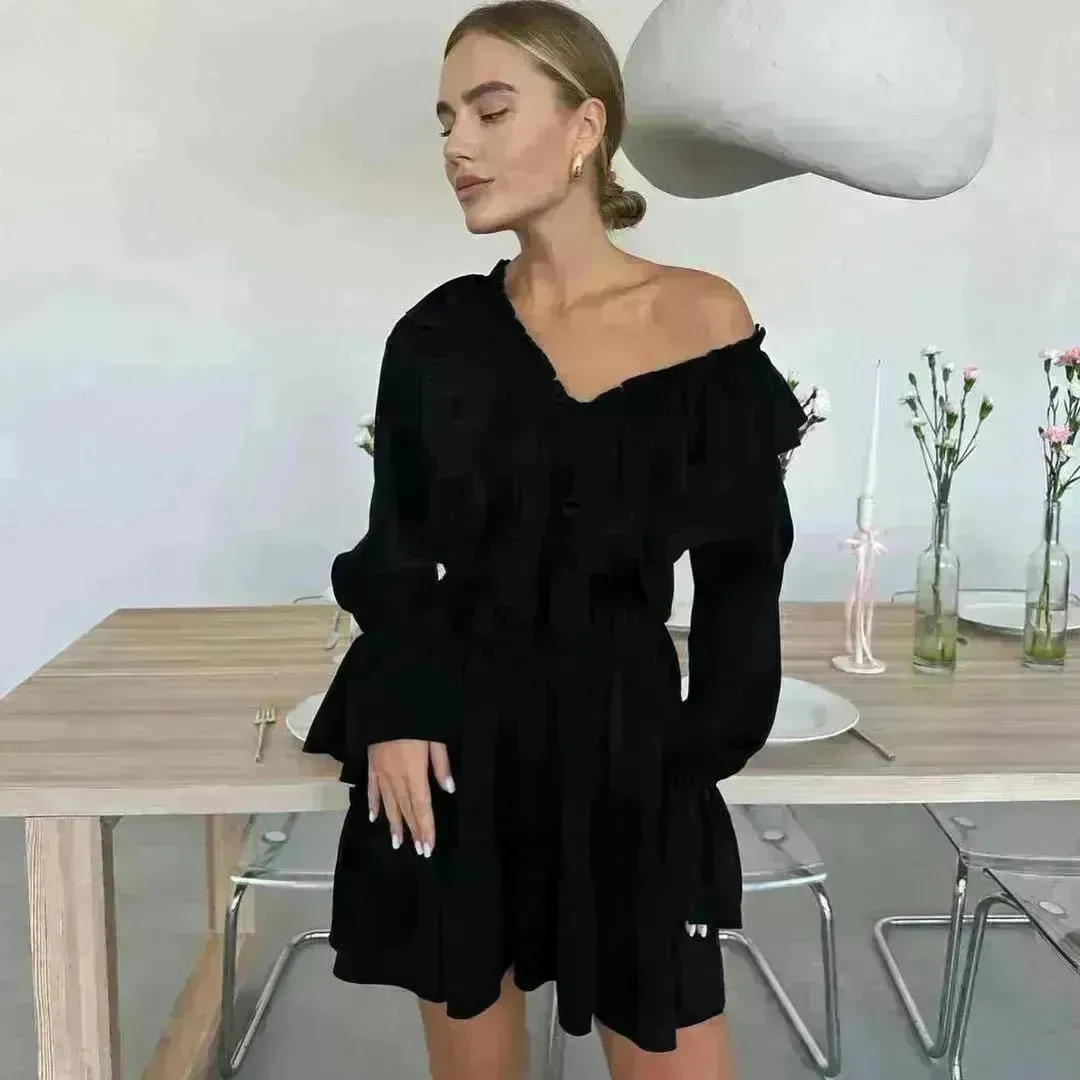Casual Fashion V Neck Pleated Ruffle Long Sleeve Dress Y2K V Neck Flared Sleeve Short Mini Skater Dress Women's Clothing