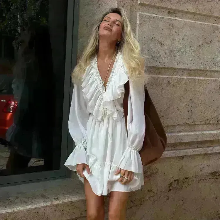 Casual Fashion V Neck Pleated Ruffle Long Sleeve Dress Y2K V Neck Flared Sleeve Short Mini Skater Dress Women's Clothing