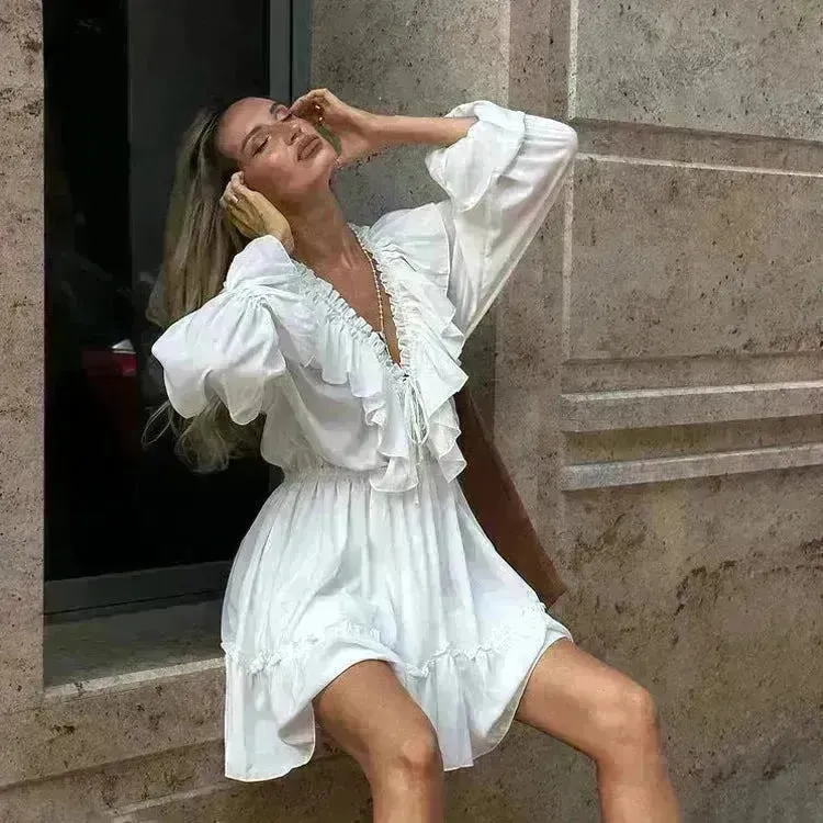 Casual Fashion V Neck Pleated Ruffle Long Sleeve Dress Y2K V Neck Flared Sleeve Short Mini Skater Dress Women's Clothing