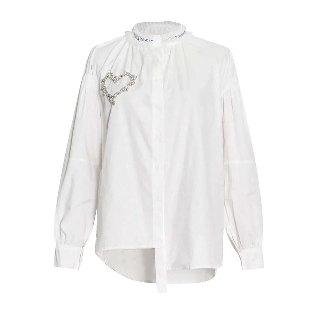 Casual Patchwork Heart Diamond Shirt For Women Stand Collar Long Sleeve Solid Single Breasted Blouses Female Style