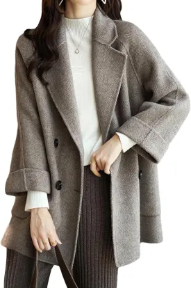 CHARTOU Women Wool Coat Peacoat Jacket Thick Loose Double Breasted Pea Coat Woolen Winter Overcoat