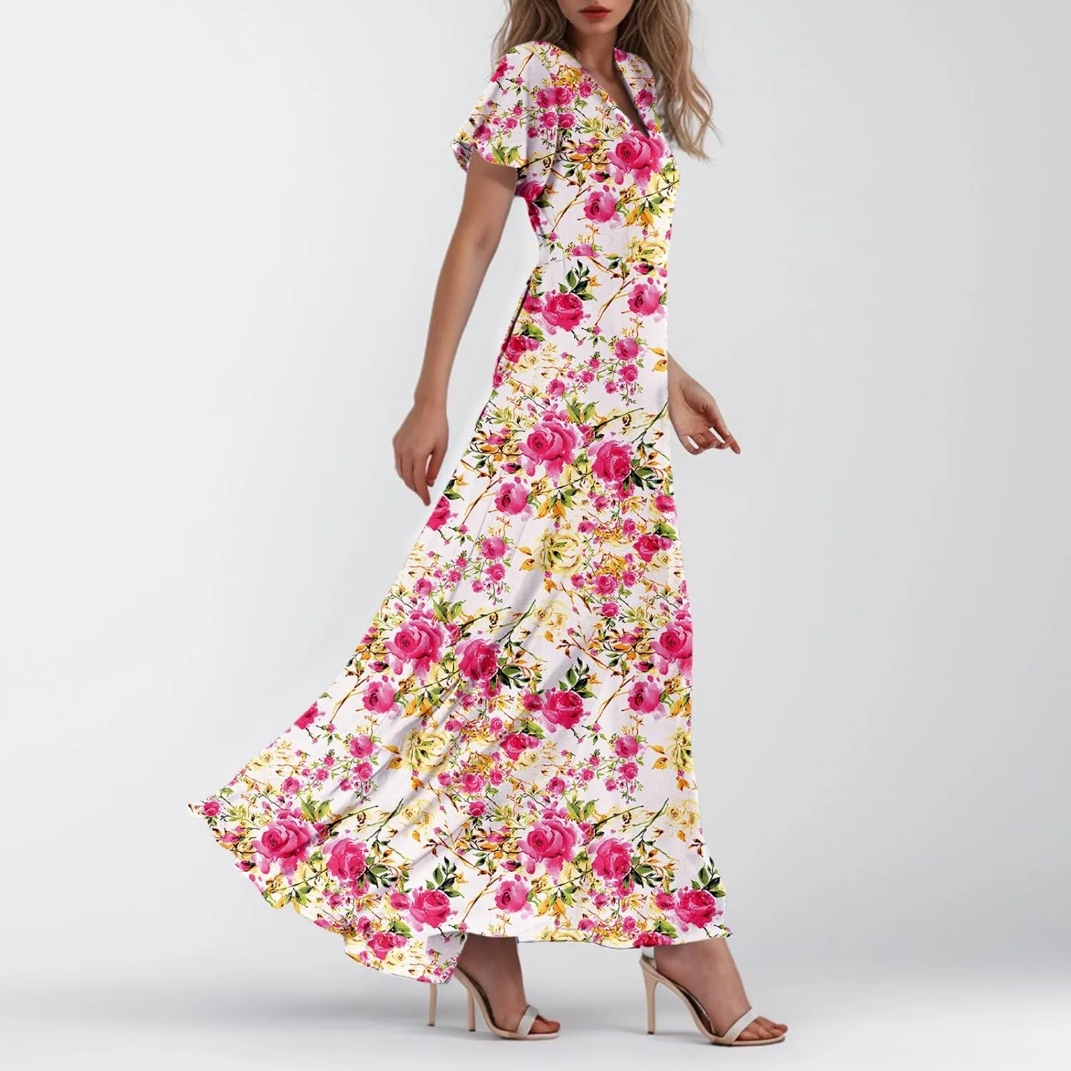 Chiffon Dresses for Women Flutter Sleeve Summer Boho Floral Maxi Dresses Gauze Flowy Garden Wedding Guest Long Dress