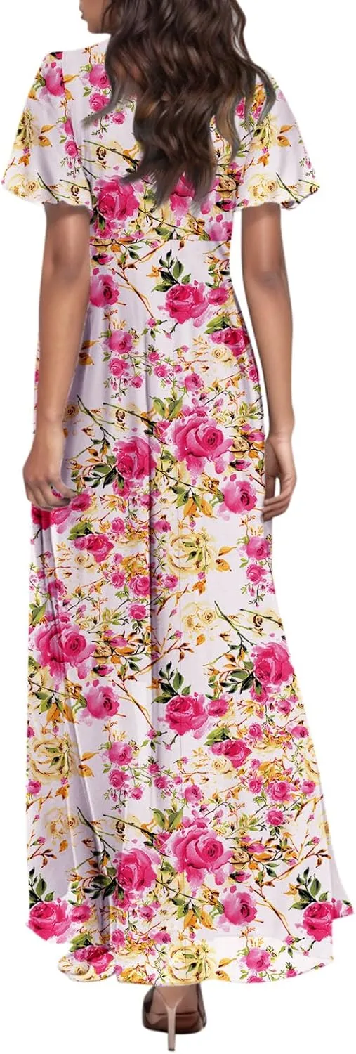 Chiffon Dresses for Women Flutter Sleeve Summer Boho Floral Maxi Dresses Gauze Flowy Garden Wedding Guest Long Dress