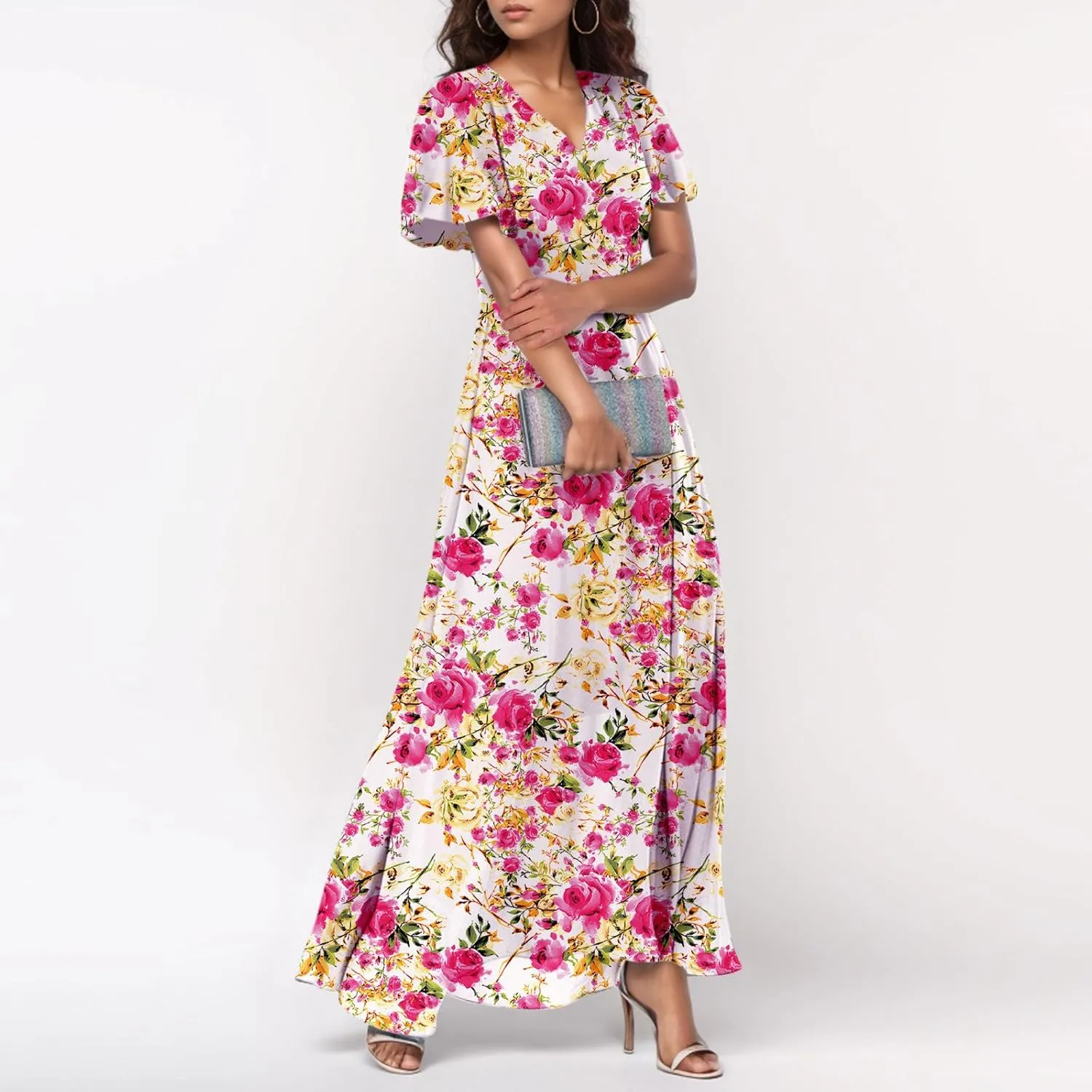 Chiffon Dresses for Women Flutter Sleeve Summer Boho Floral Maxi Dresses Gauze Flowy Garden Wedding Guest Long Dress