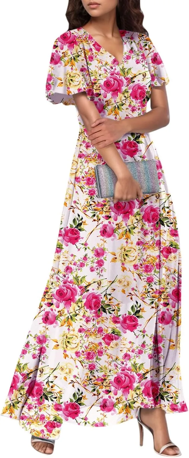 Chiffon Dresses for Women Flutter Sleeve Summer Boho Floral Maxi Dresses Gauze Flowy Garden Wedding Guest Long Dress