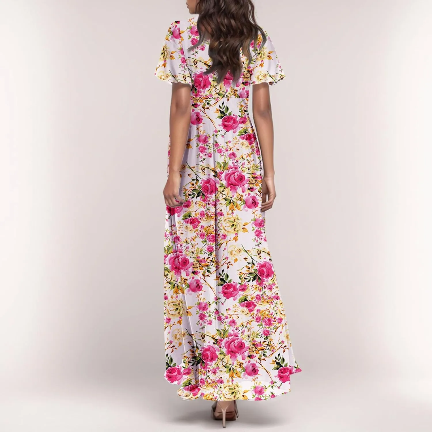 Chiffon Dresses for Women Flutter Sleeve Summer Boho Floral Maxi Dresses Gauze Flowy Garden Wedding Guest Long Dress