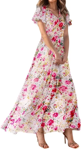Chiffon Dresses for Women Flutter Sleeve Summer Boho Floral Maxi Dresses Gauze Flowy Garden Wedding Guest Long Dress