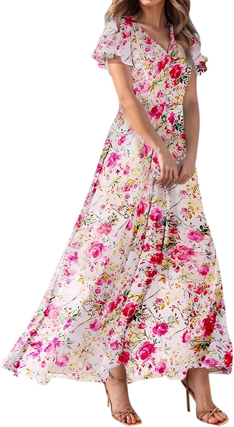 Chiffon Dresses for Women Flutter Sleeve Summer Boho Floral Maxi Dresses Gauze Flowy Garden Wedding Guest Long Dress