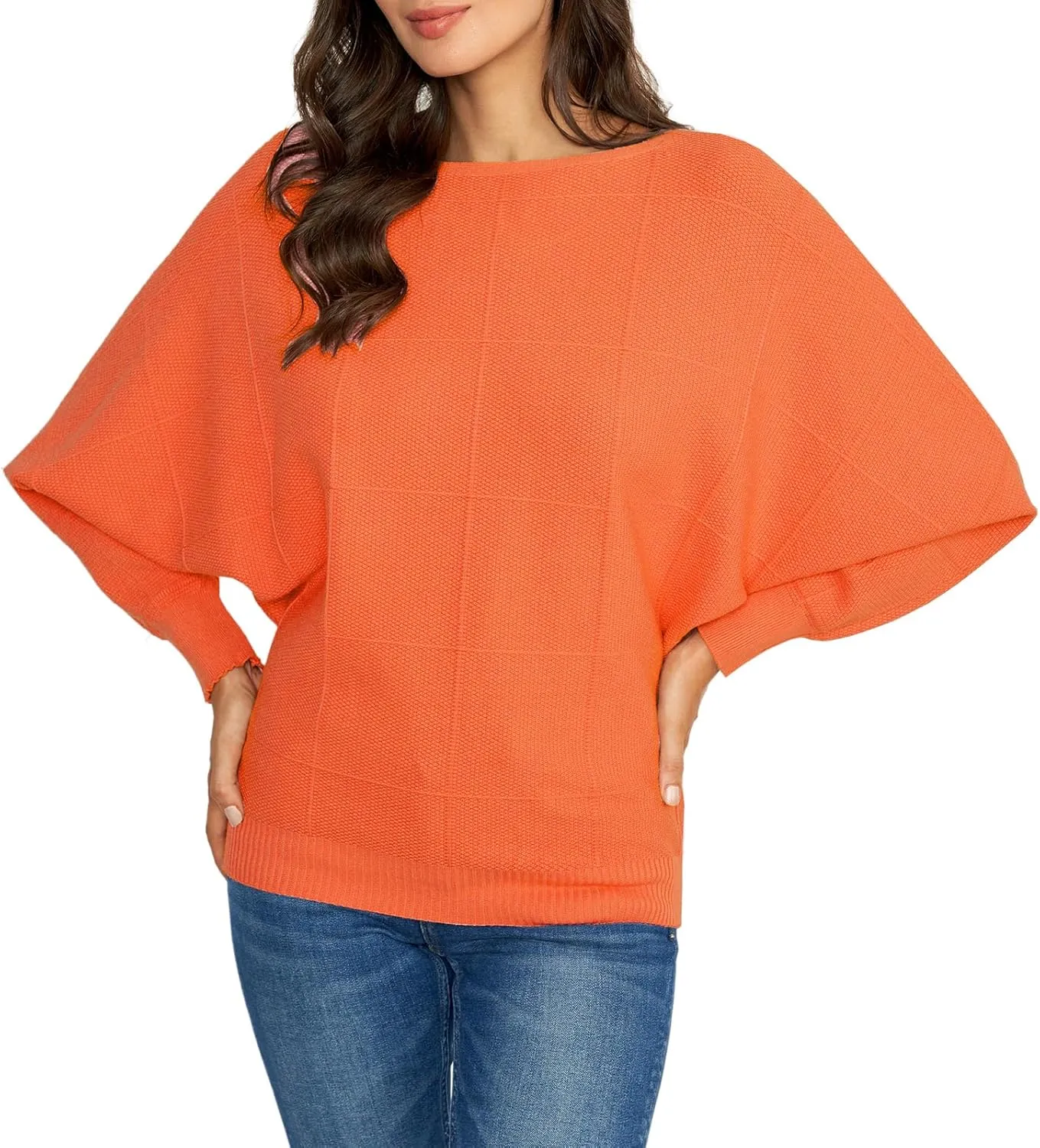 Ckikiou Women Cute Spring Fall Boatneck Batwing Soft Knitted Sweater for Women Casual Loose Long Sleeve Ribbed Pullover Top