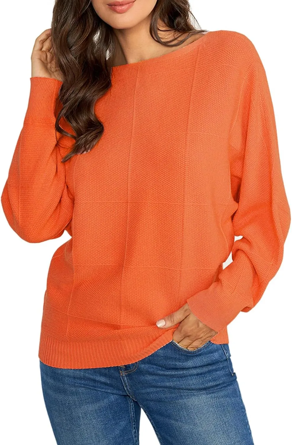 Ckikiou Women Cute Spring Fall Boatneck Batwing Soft Knitted Sweater for Women Casual Loose Long Sleeve Ribbed Pullover Top