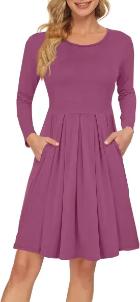 COTECRAM 2025 Women's Spring Casual Long Sleeve Midi Dresses with Pockets Crewneck Flowy A Line Knee Length Boho Dress