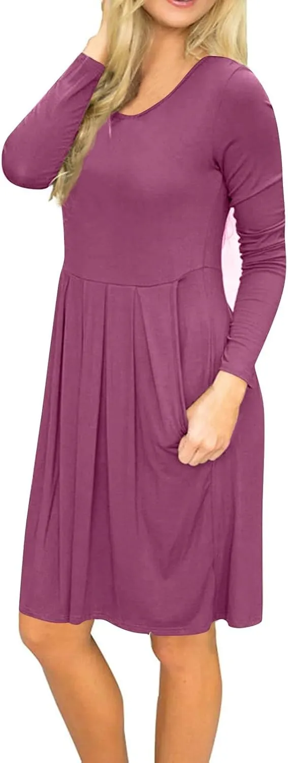 COTECRAM 2025 Women's Spring Casual Long Sleeve Midi Dresses with Pockets Crewneck Flowy A Line Knee Length Boho Dress