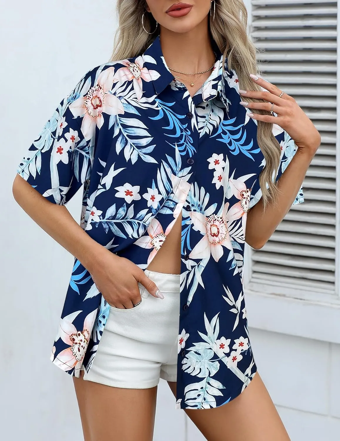 HOTOUCH Womens Hawaiian Shirts Button Up Casual Floral Tropical Shirt Summer Beach Shirt Cool Short Sleeve Blouse Tops
