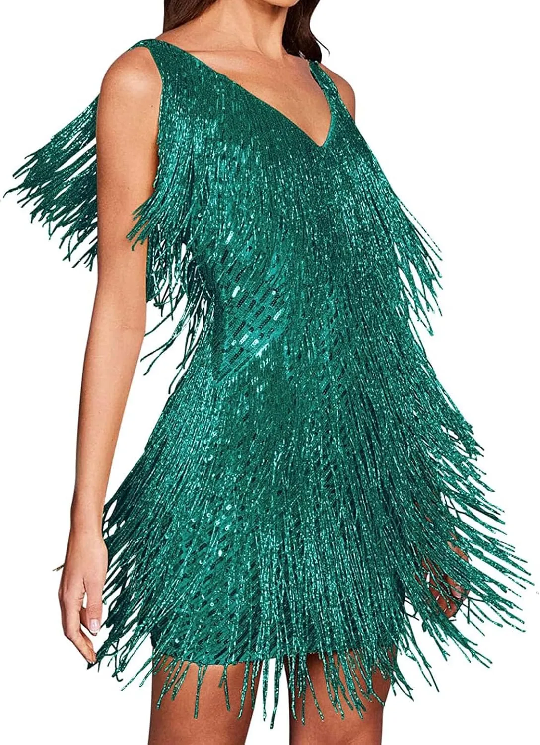 houstil Women 1920s Sequin Dress V Neck Flapper Gatsby Homecoming Dresses Fringe Wedding Club Party Evening Gown