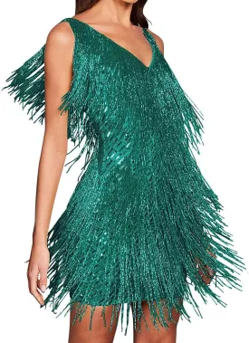 houstil Women 1920s Sequin Dress V Neck Flapper Gatsby Homecoming Dresses Fringe Wedding Club Party Evening Gown
