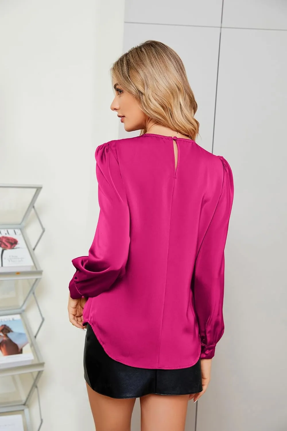 JASAMBAC Women's Satin Silk Blouse 2025 Keyhole Neck Long Sleeve Tops Elegant Casual Office Work Dressy Shirts Pullover Tops