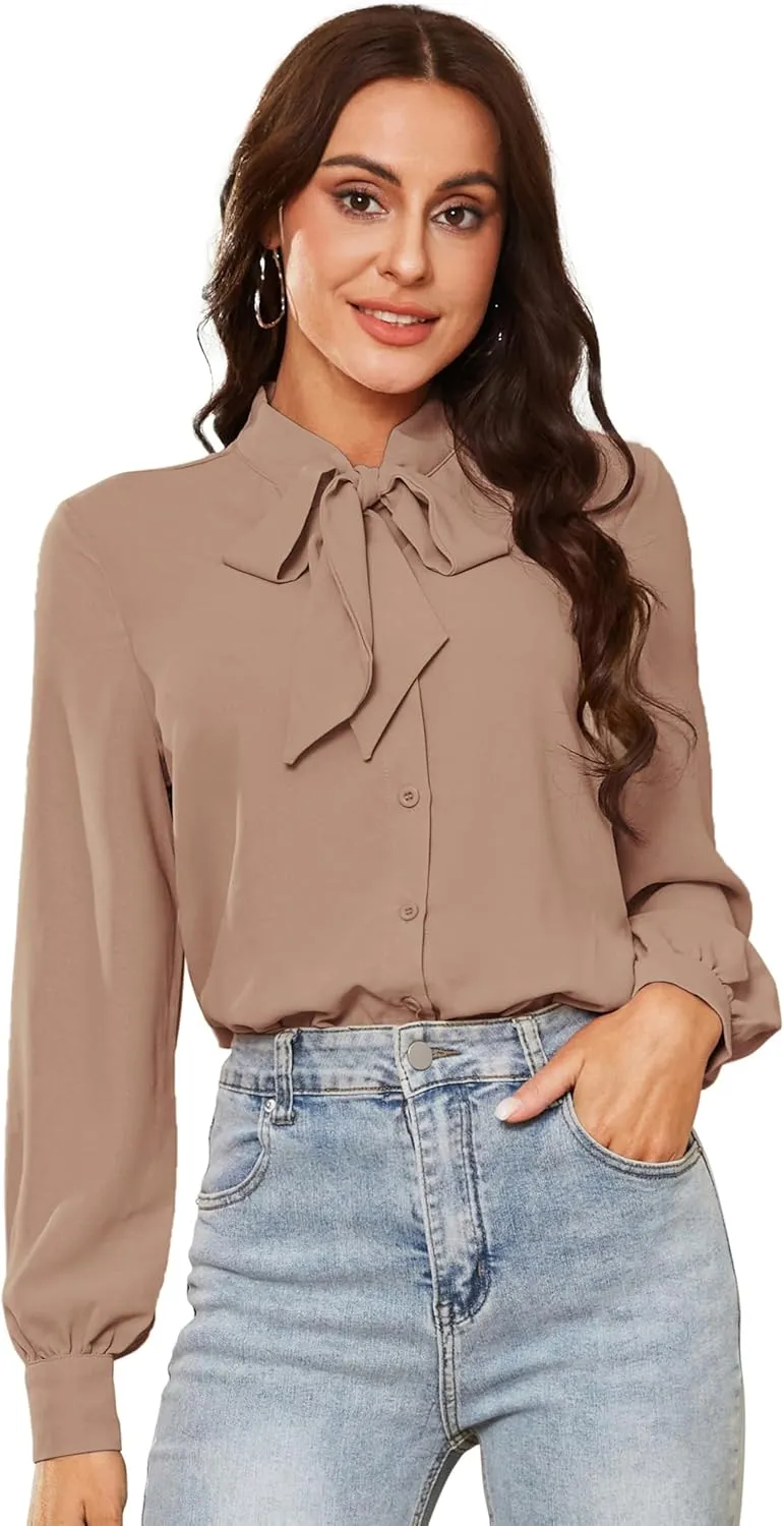 Kate Kasin Women Bow Tie Neck Office Blouse Button Down Long Sleeve Bodysuits Blouse Top