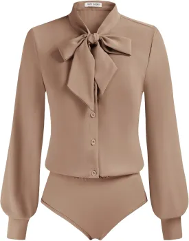 Kate Kasin Women Bow Tie Neck Office Blouse Button Down Long Sleeve Bodysuits Blouse Top