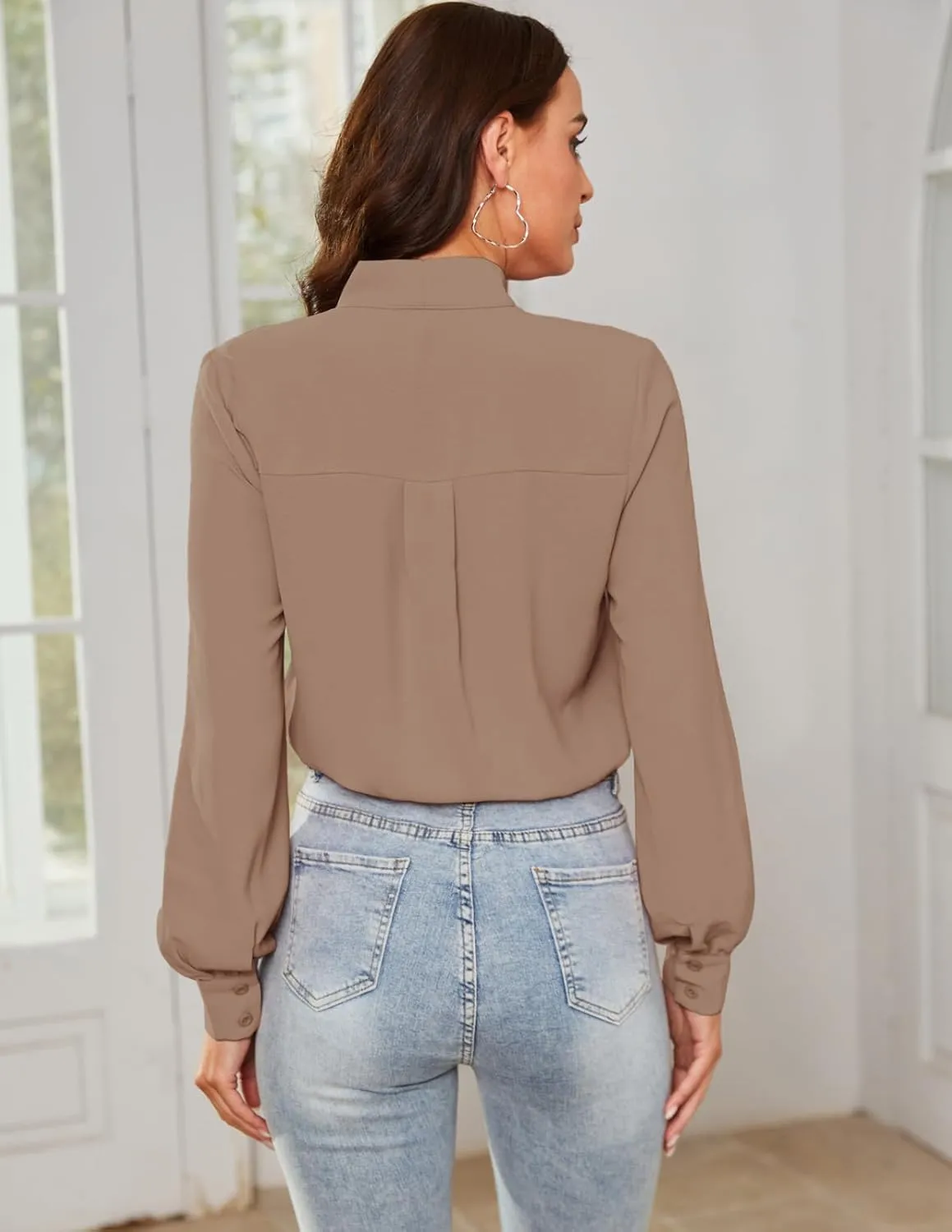 Kate Kasin Women Bow Tie Neck Office Blouse Button Down Long Sleeve Bodysuits Blouse Top