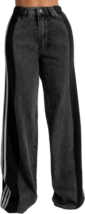 KELYWELL Women's High Waisted Two Tone Jeans Color Block Floor Length Wide Leg Denim Pants Stretch Baggy Jeans Trousers