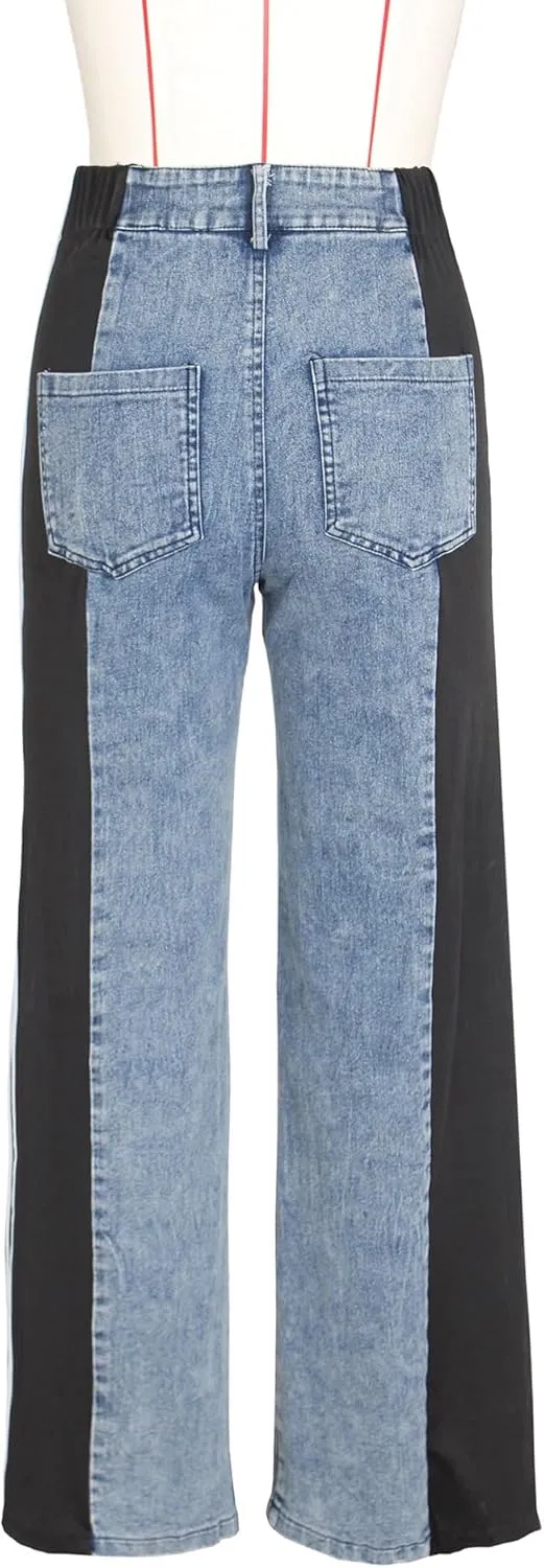KELYWELL Women's High Waisted Two Tone Jeans Color Block Floor Length Wide Leg Denim Pants Stretch Baggy Jeans Trousers