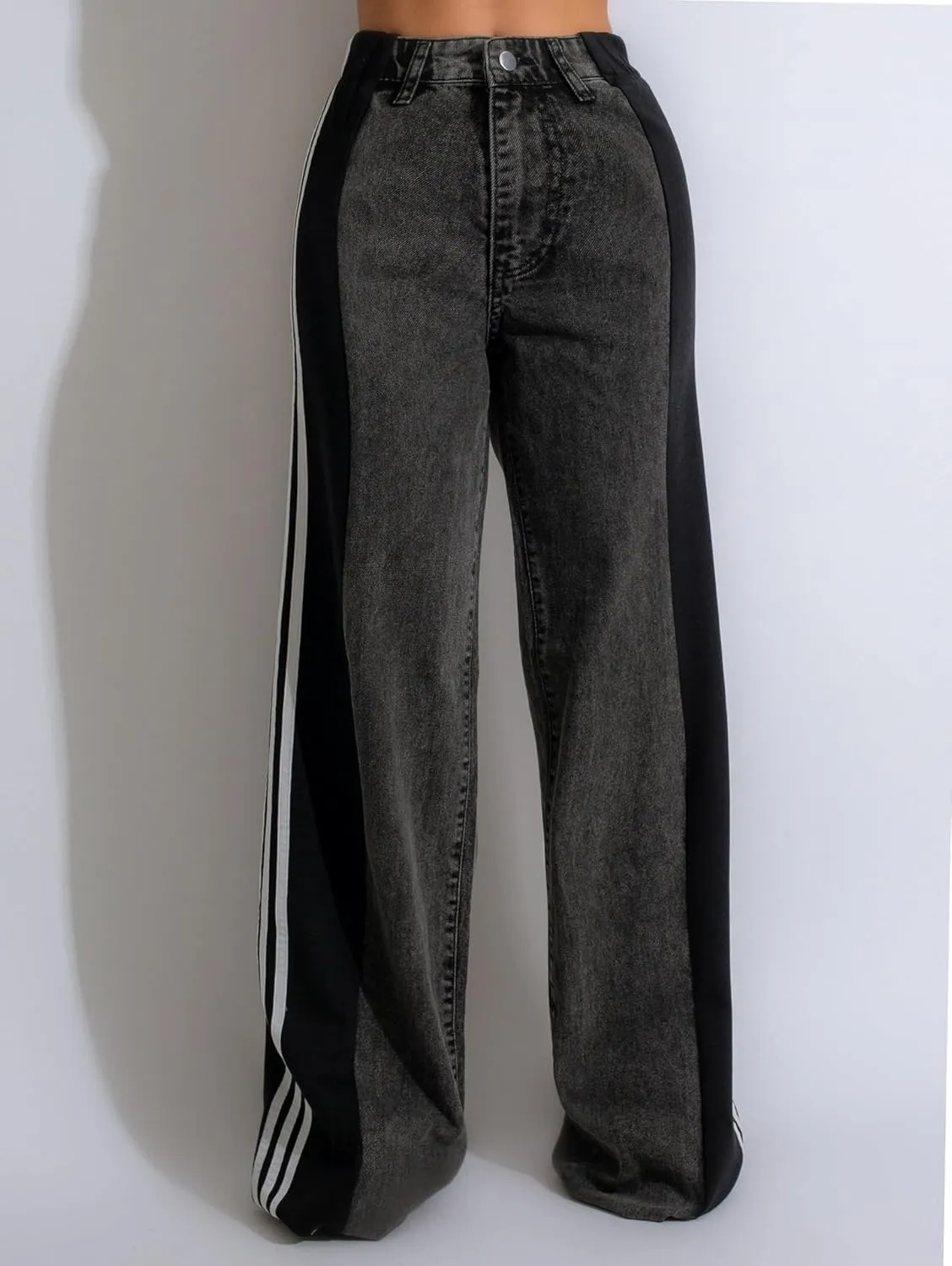KELYWELL Women's High Waisted Two Tone Jeans Color Block Floor Length Wide Leg Denim Pants Stretch Baggy Jeans Trousers