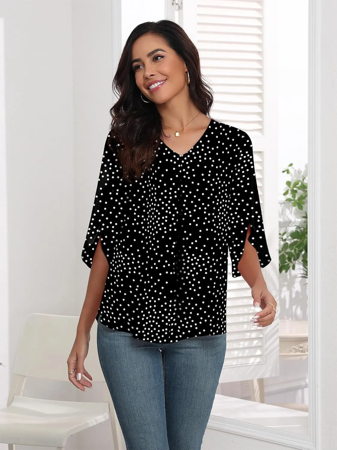 LAOLASI Womens Summer Chiffon Blouses 3/4 Sleeve V Neck Casual Loose Work Tops for Leggings 2025 Flowy Dressy Tshirts