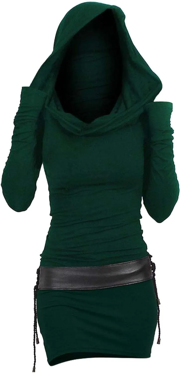 Long Sleeve Bodycon Dress for Women Steampunk Hoodie Sweatshirt Dresses Vintage Gothic Party Hooded Wrap Mini Dress