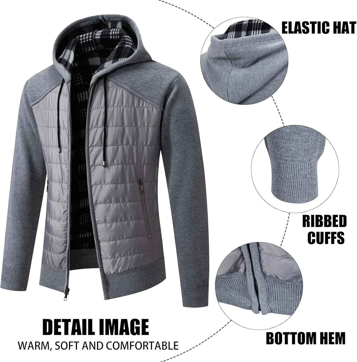 Men's Fleece Full-Zip Hoodie Cardigan Sweater Knit Hooded Casual Regular Fit Sweatshirt with Pocket