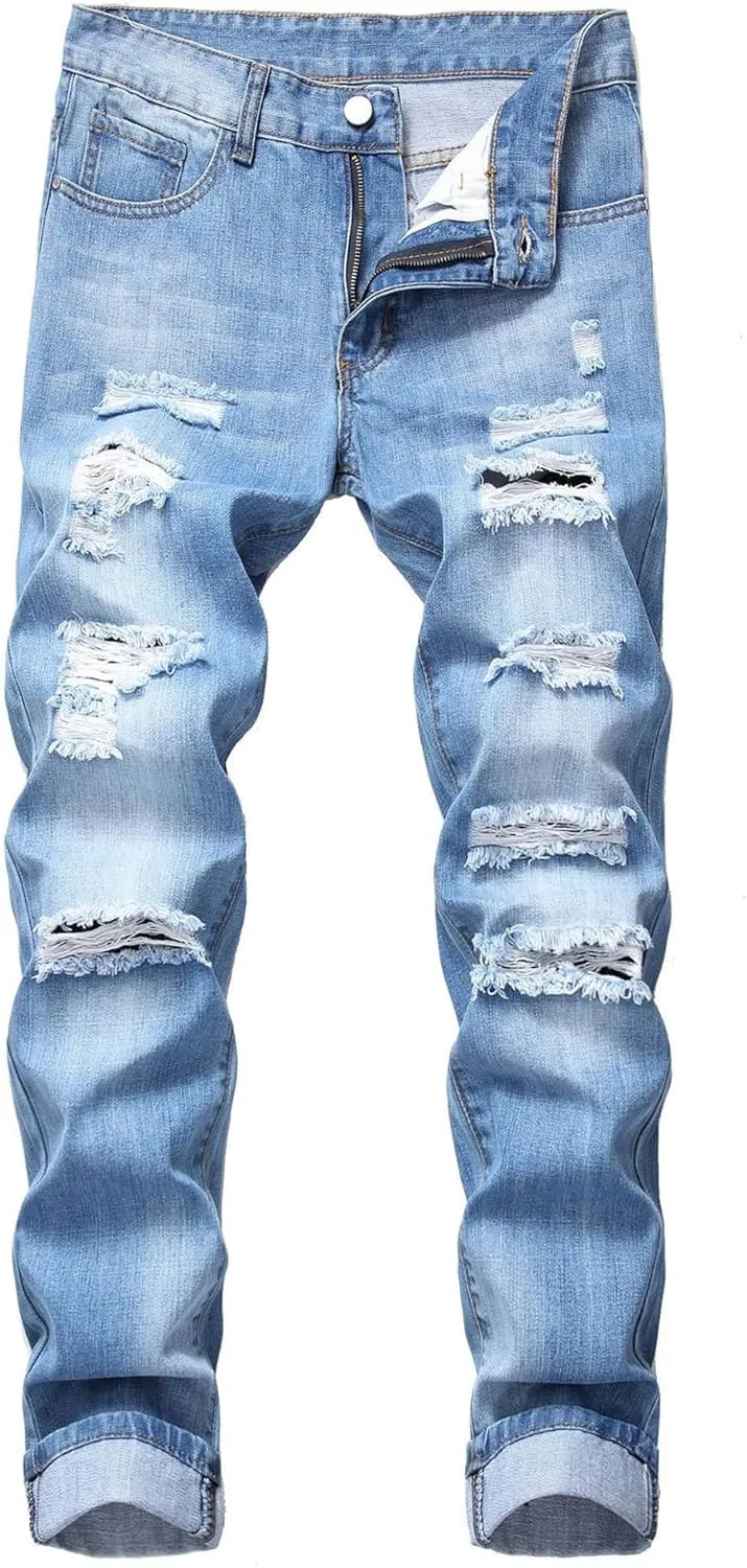 Men's Jeans Slim Fit Stretch Skinny Ripped Jeans for Men Stacked Distressed Straight Pants