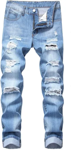 Men's Jeans Slim Fit Stretch Skinny Ripped Jeans for Men Stacked Distressed Straight Pants