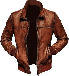 Mens Leather Jacket Brown | Real Lambskin Distressed Leather Bomber Jacket | Vintage Motorcycle Biker Jacket