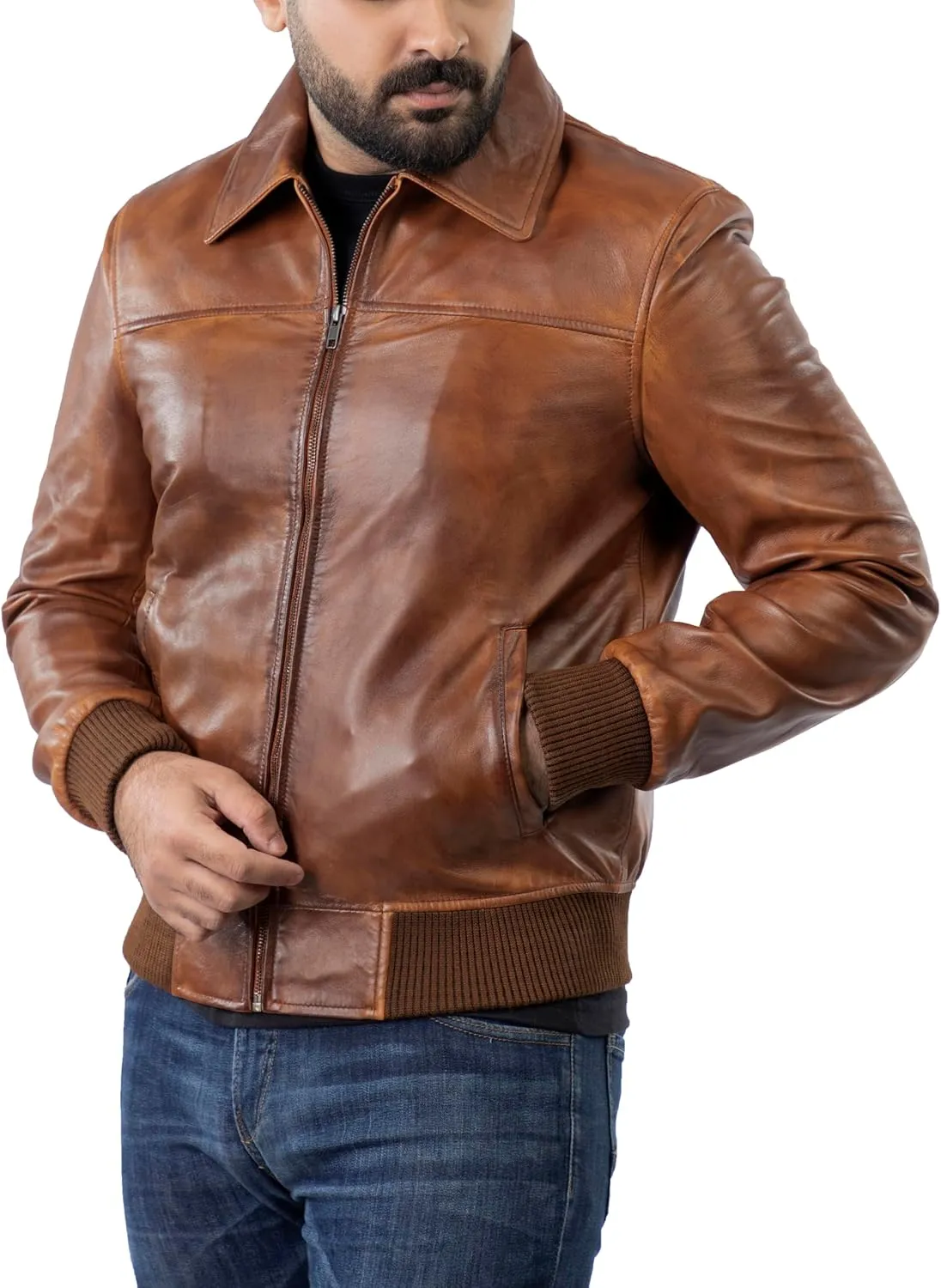 Mens Leather Jacket Brown | Real Lambskin Distressed Leather Bomber Jacket | Vintage Motorcycle Biker Jacket