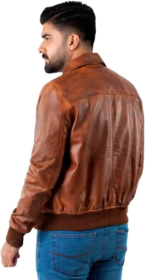 Mens Leather Jacket Brown | Real Lambskin Distressed Leather Bomber Jacket | Vintage Motorcycle Biker Jacket