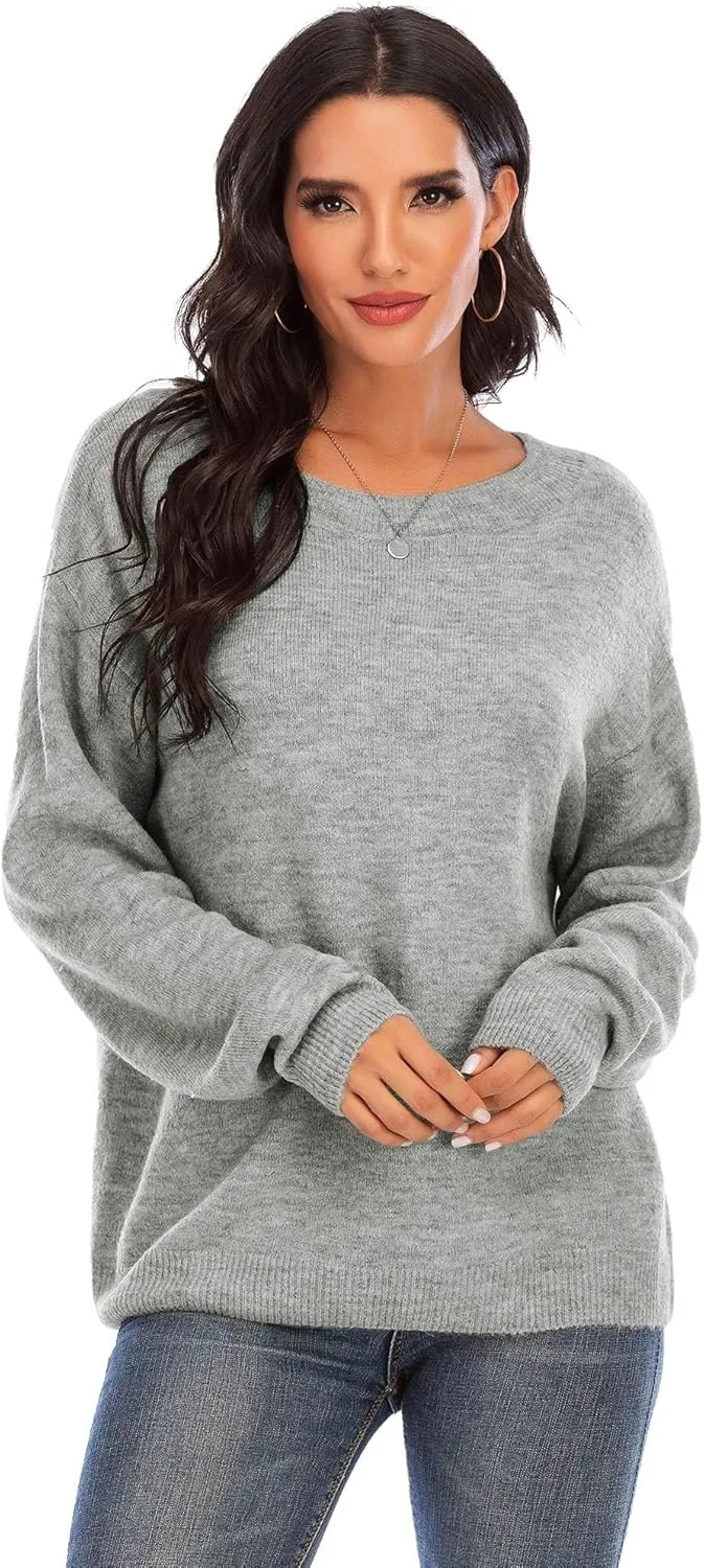 MessBebe Womens Oversized Pullover Sweater Solid Color Long Sleeve Crew Neck Sweaters Lightweight Spring Tops