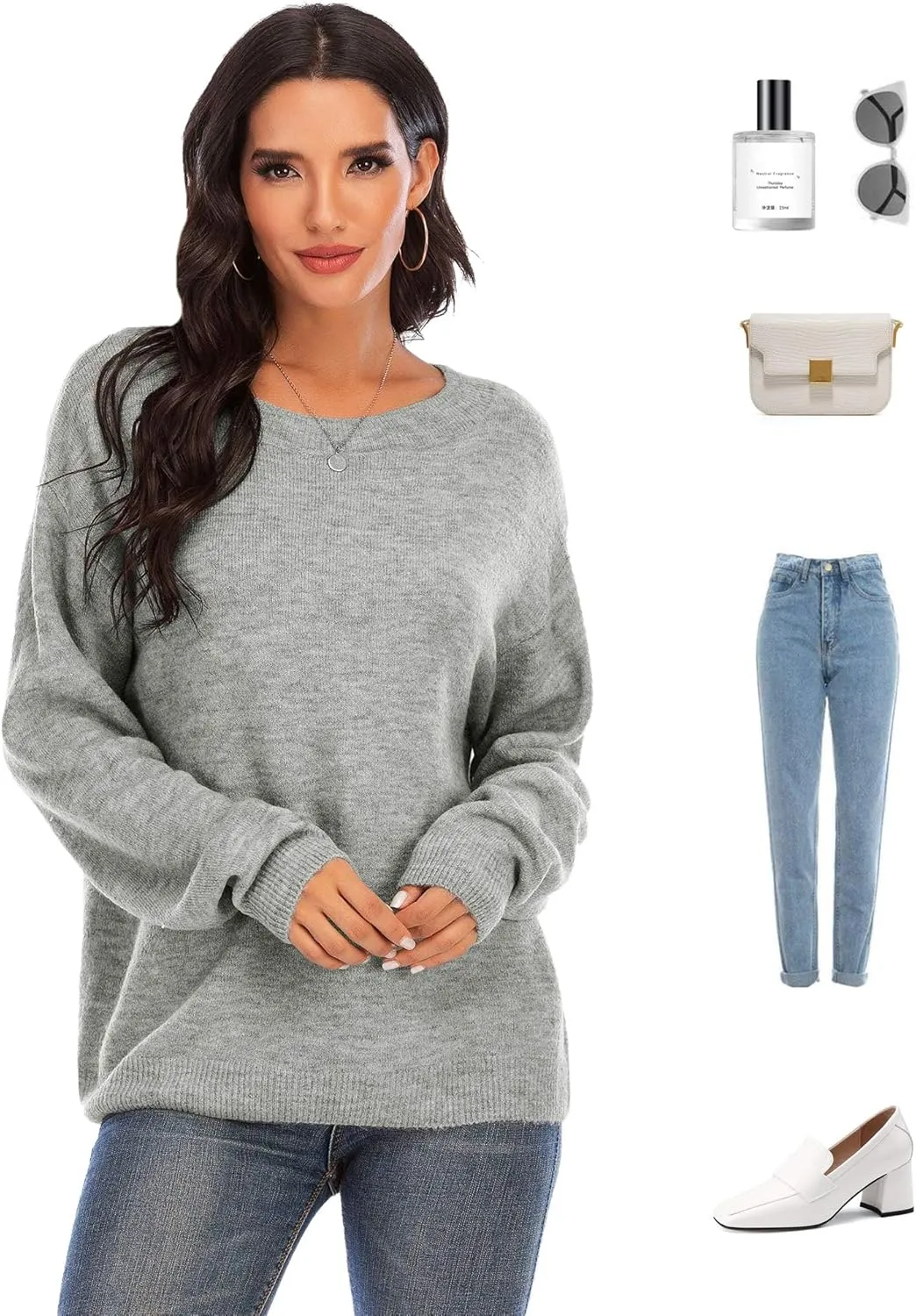 MessBebe Womens Oversized Pullover Sweater Solid Color Long Sleeve Crew Neck Sweaters Lightweight Spring Tops