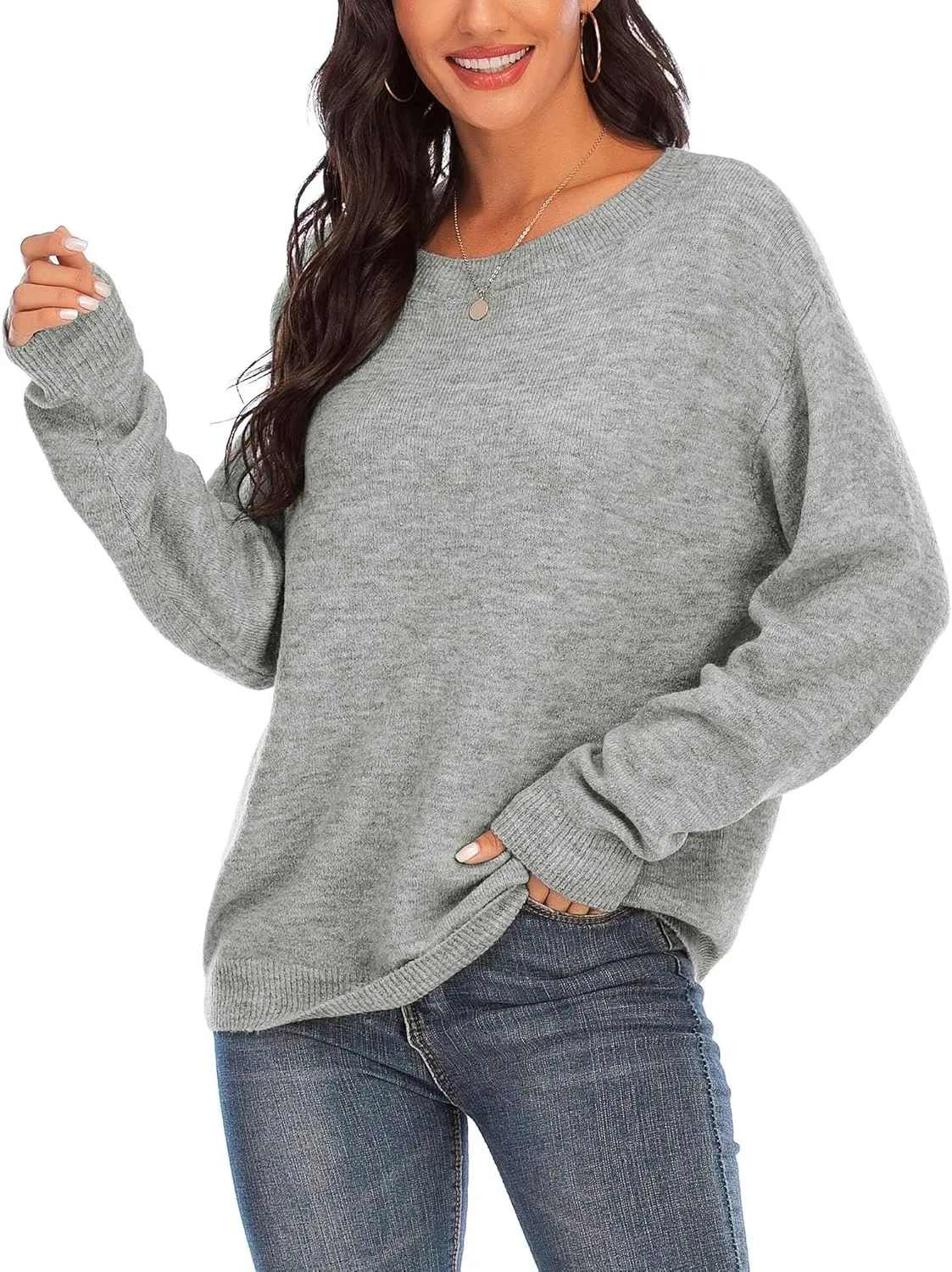 MessBebe Womens Oversized Pullover Sweater Solid Color Long Sleeve Crew Neck Sweaters Lightweight Spring Tops