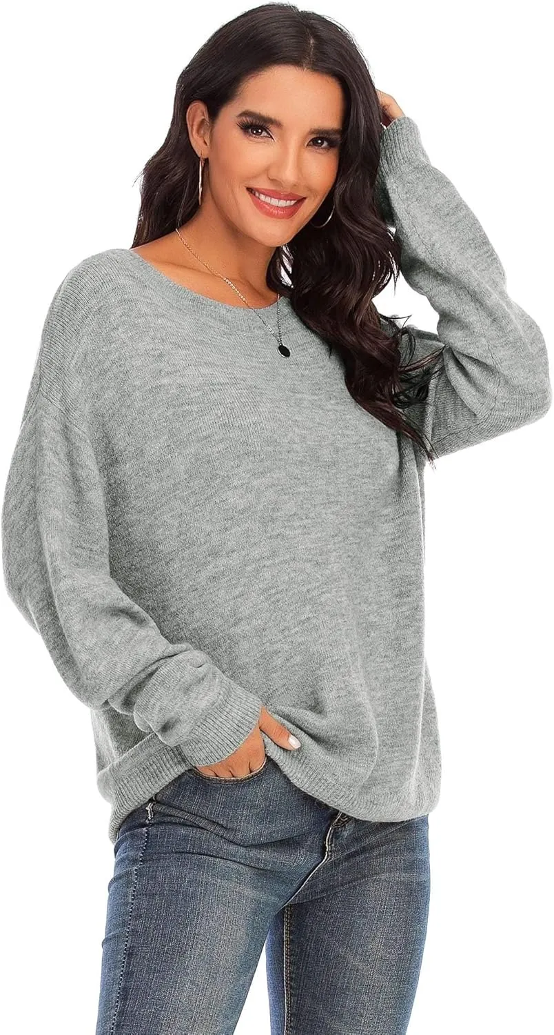 MessBebe Womens Oversized Pullover Sweater Solid Color Long Sleeve Crew Neck Sweaters Lightweight Spring Tops