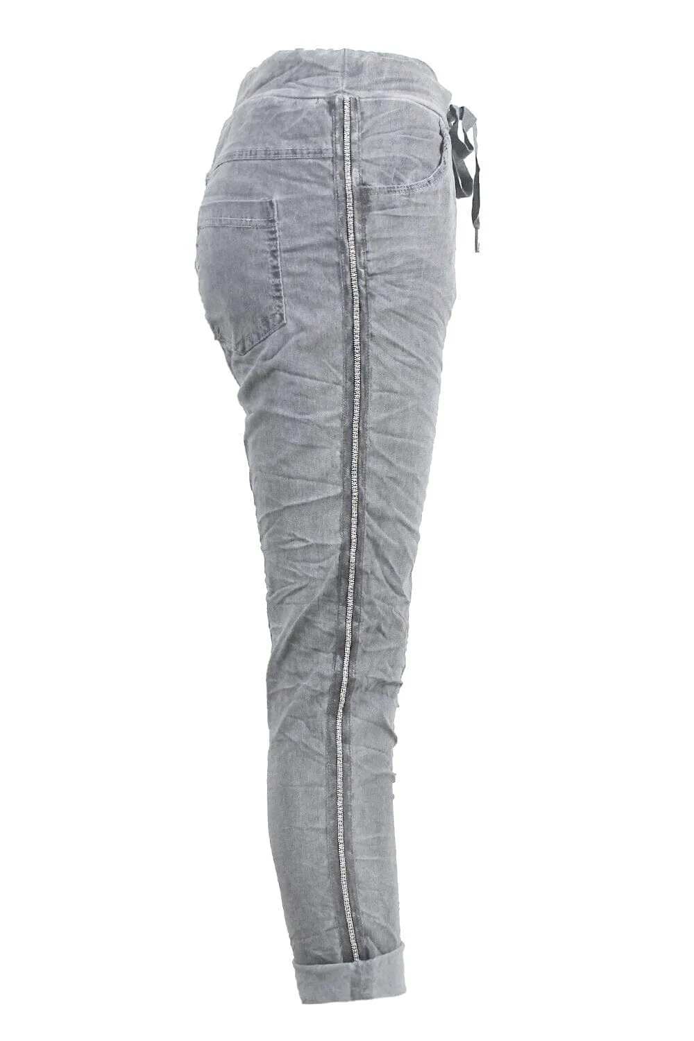 Rhinestone Side Stripe Crinkle Jogger Grey
