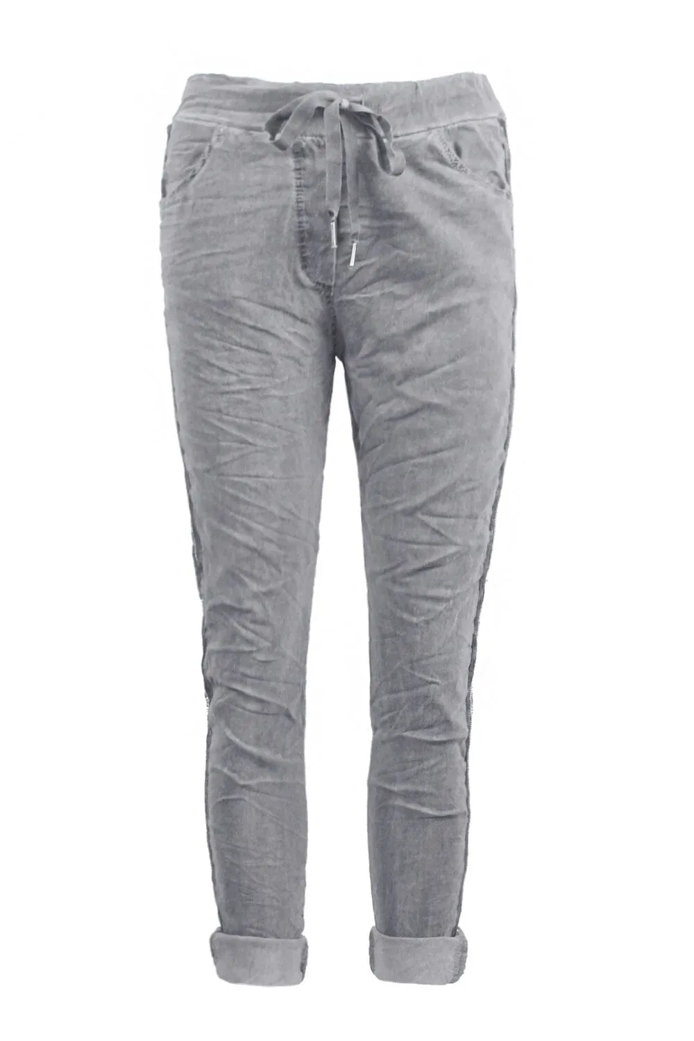 Rhinestone Side Stripe Crinkle Jogger Grey
