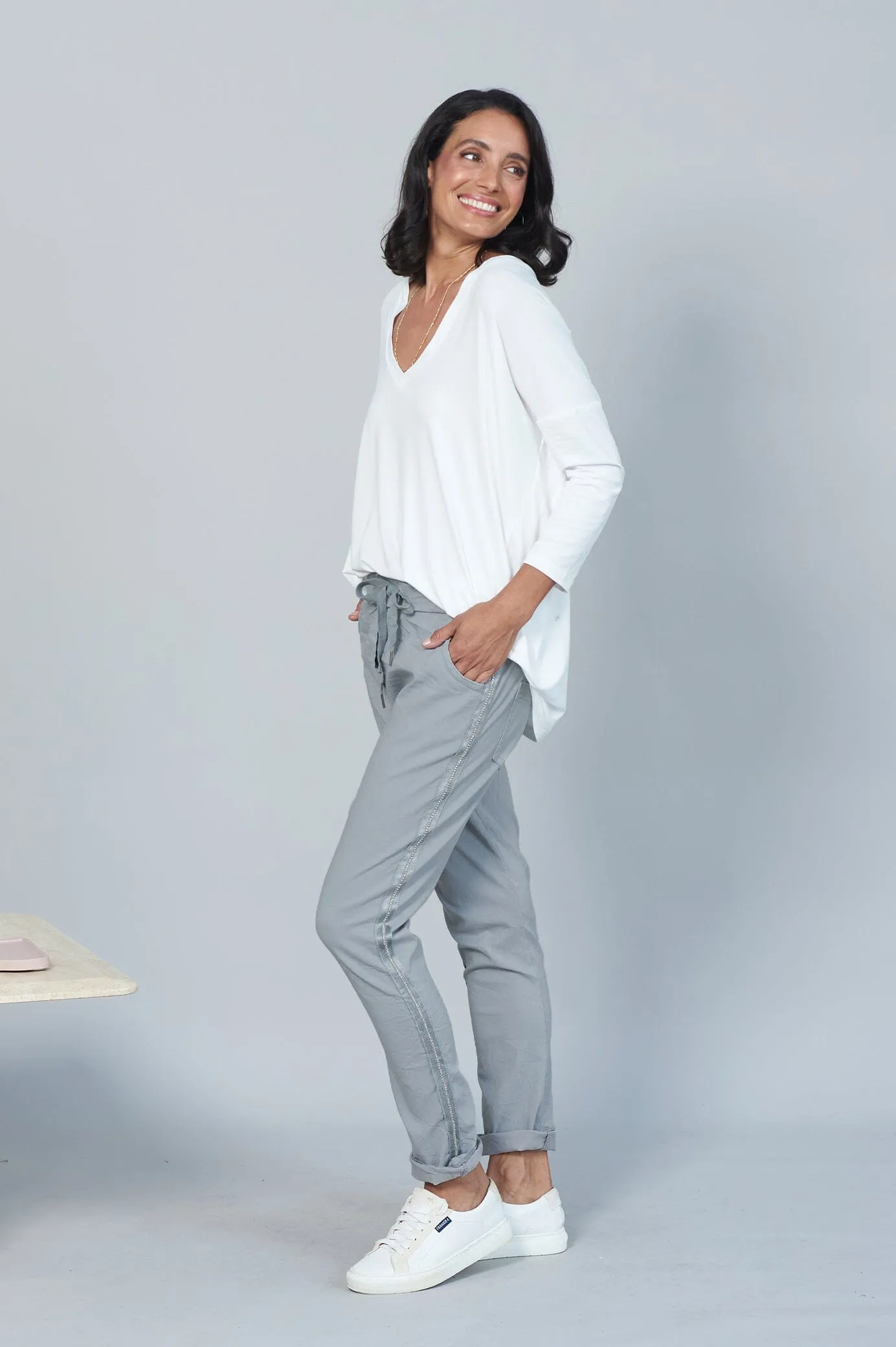 Rhinestone Side Stripe Crinkle Jogger Grey