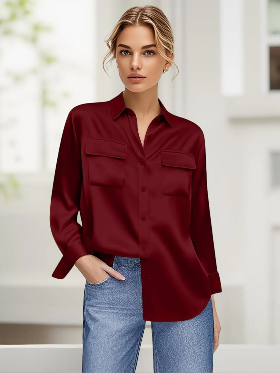 Soft Satin Silk Button Down Shirts with Pockets Ladies Long Sleeve Blouse Relaxed Fit Blouse Work Casual Dressy Tops