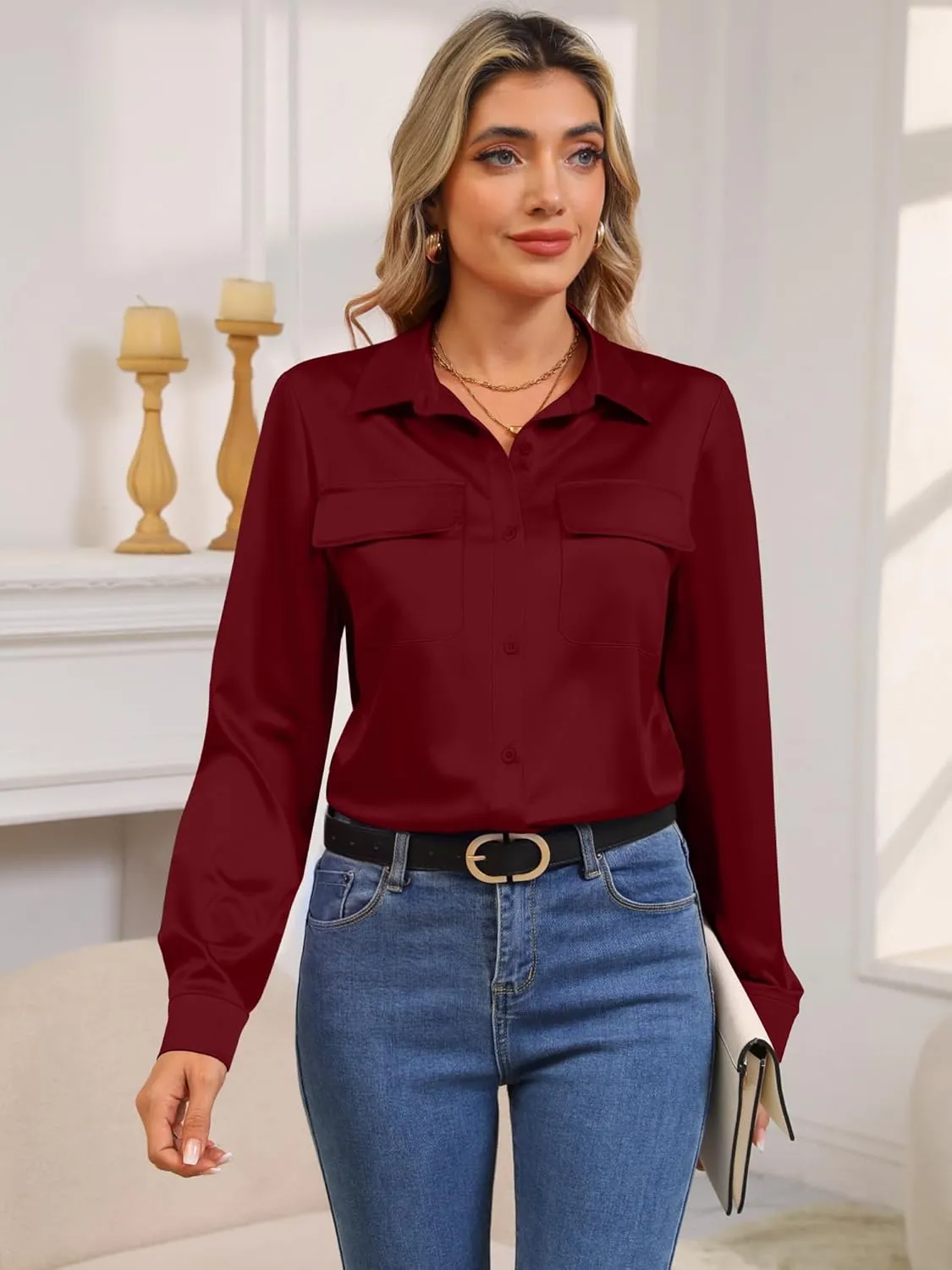 Soft Satin Silk Button Down Shirts with Pockets Ladies Long Sleeve Blouse Relaxed Fit Blouse Work Casual Dressy Tops