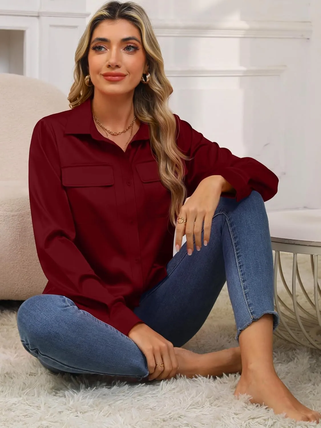 Soft Satin Silk Button Down Shirts with Pockets Ladies Long Sleeve Blouse Relaxed Fit Blouse Work Casual Dressy Tops