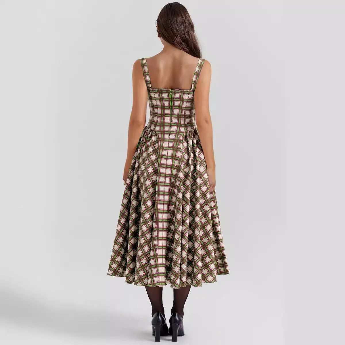 Summer High-End Plaid Flared Maxi Dress